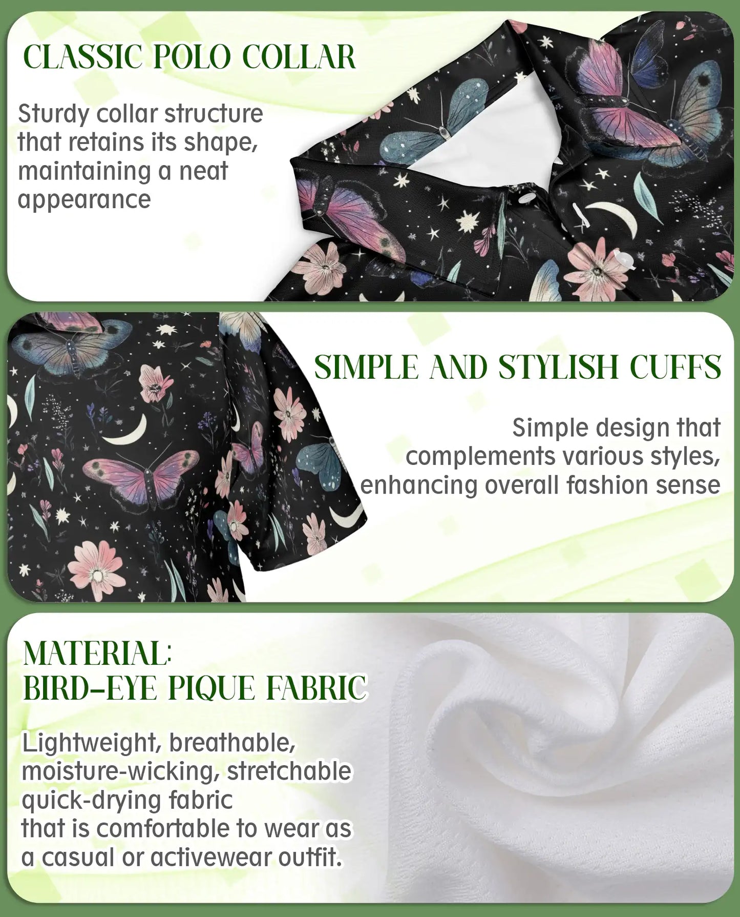 Butterfly Night Sky Polo Shirt – Moon & Floral Style | Netecom