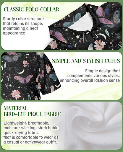Butterfly Night Sky Polo Shirt – Moon & Floral Style | Netecom