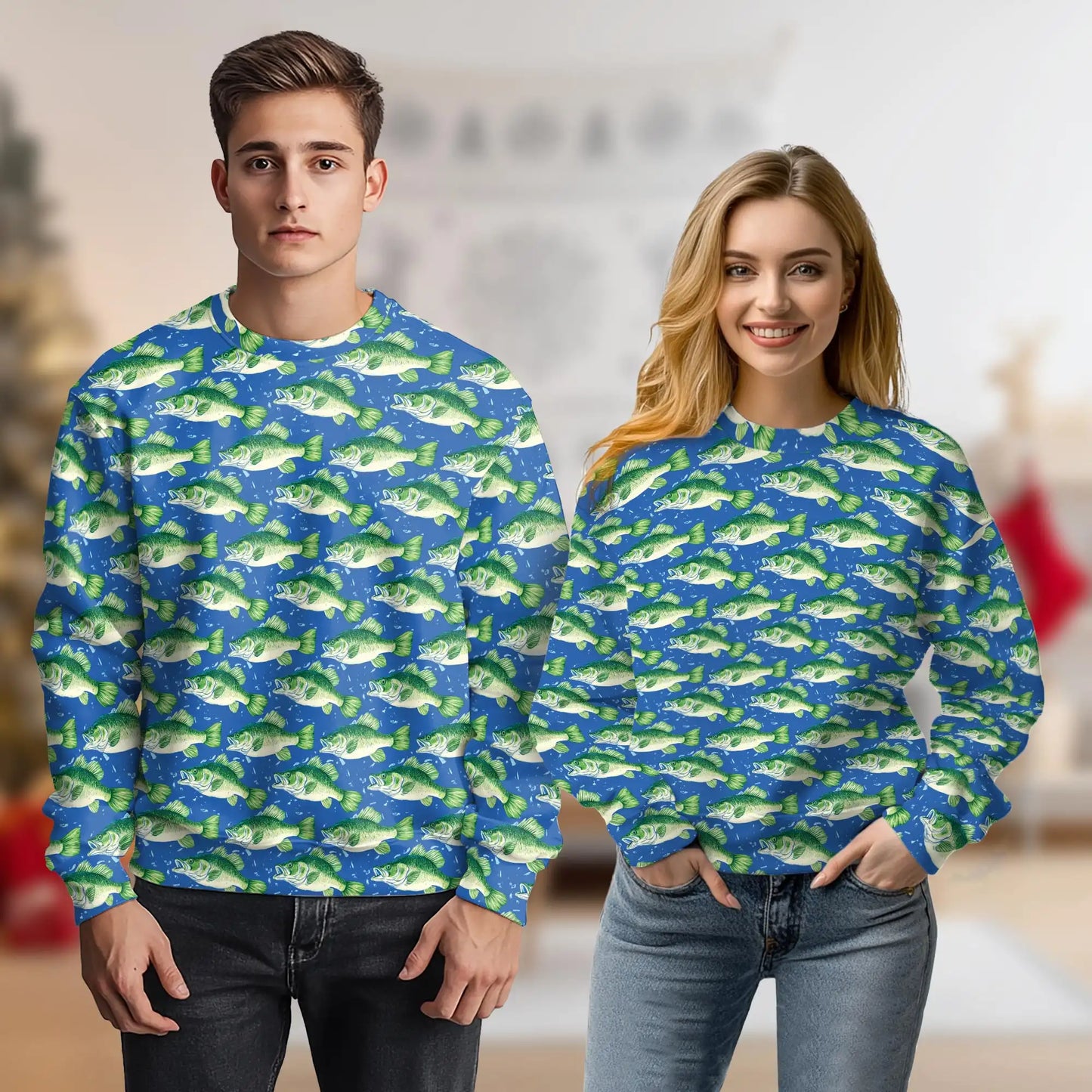 Green Bass Fish Pattern Sweatshirt, 3D All Over Print Freshwater Fishing Crewneck Pullover for Men Women, Bass Fishing Lover Gift - Netecom