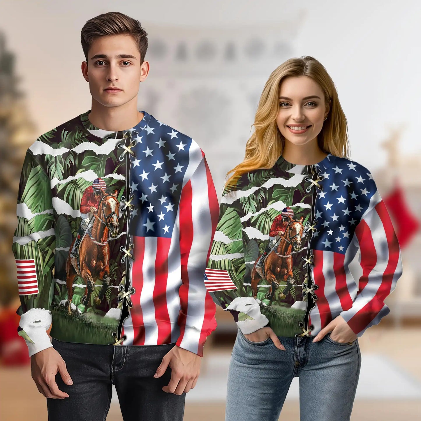 Horse Racing Tropical Leaves Sweatshirt, 3D All Over Print Equestrian Tropical Crewneck Pullover for Men Women, Horse Racing Lover Gift - Netecom