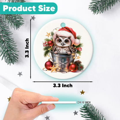 Netecom Cute Owl in Bucket Ornament, Owl with Santa Hat Ceramic Ornament for Christmas Tree Hanging Decorations Gift, Bird Gifts for Men Women, Holiday Party Present