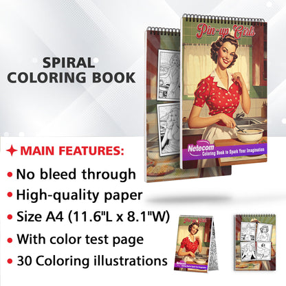 Pin-Up Girls Spiral Bound Coloring Book, Dive into 30 Alluring Coloring Pages, Capturing the Seductive Charms and Mysterious Aura of Pin-Up Girls