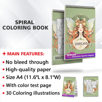 Fairyland Spiral Bound Coloring Book, Delight in 30 Shimmering Coloring Pages, Featuring Fairies with Glittering Wings and Delicate Fairy Dust