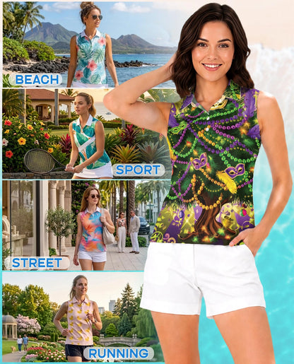 Mardi Gras Tree Sleeveless Polo Shirt for Women | Netecom