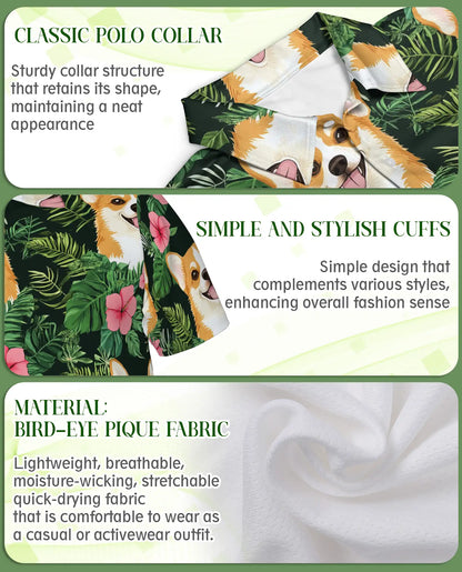 Corgi Tropical 3D Polo Shirt for Men – Cute Dog Floral Style | Netecom