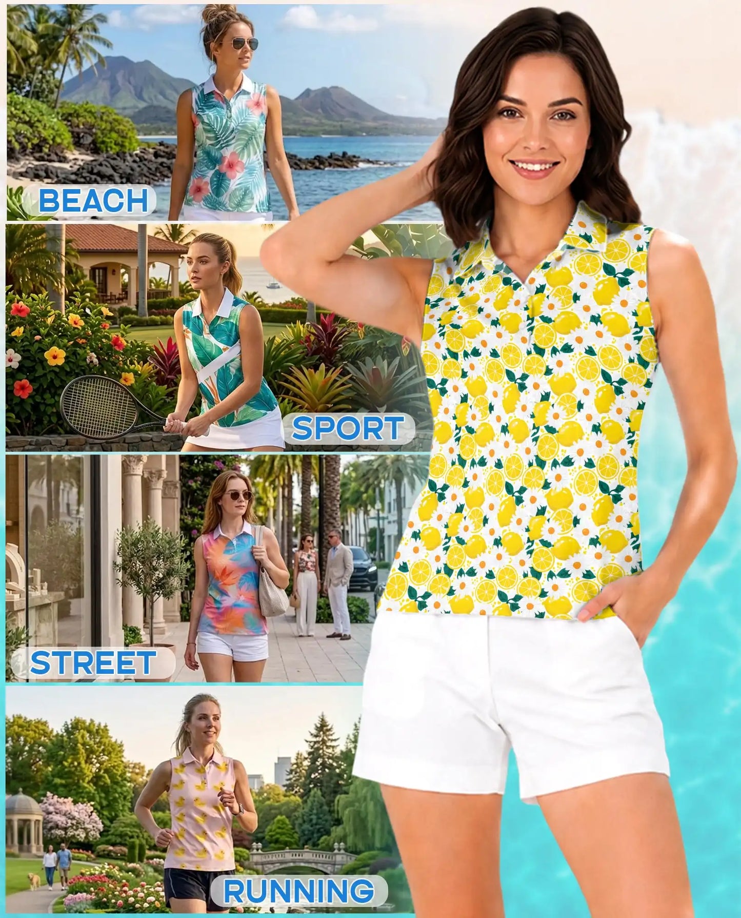 Citrus Blossom Sleeveless Polo Shirt for Women  | Netecom