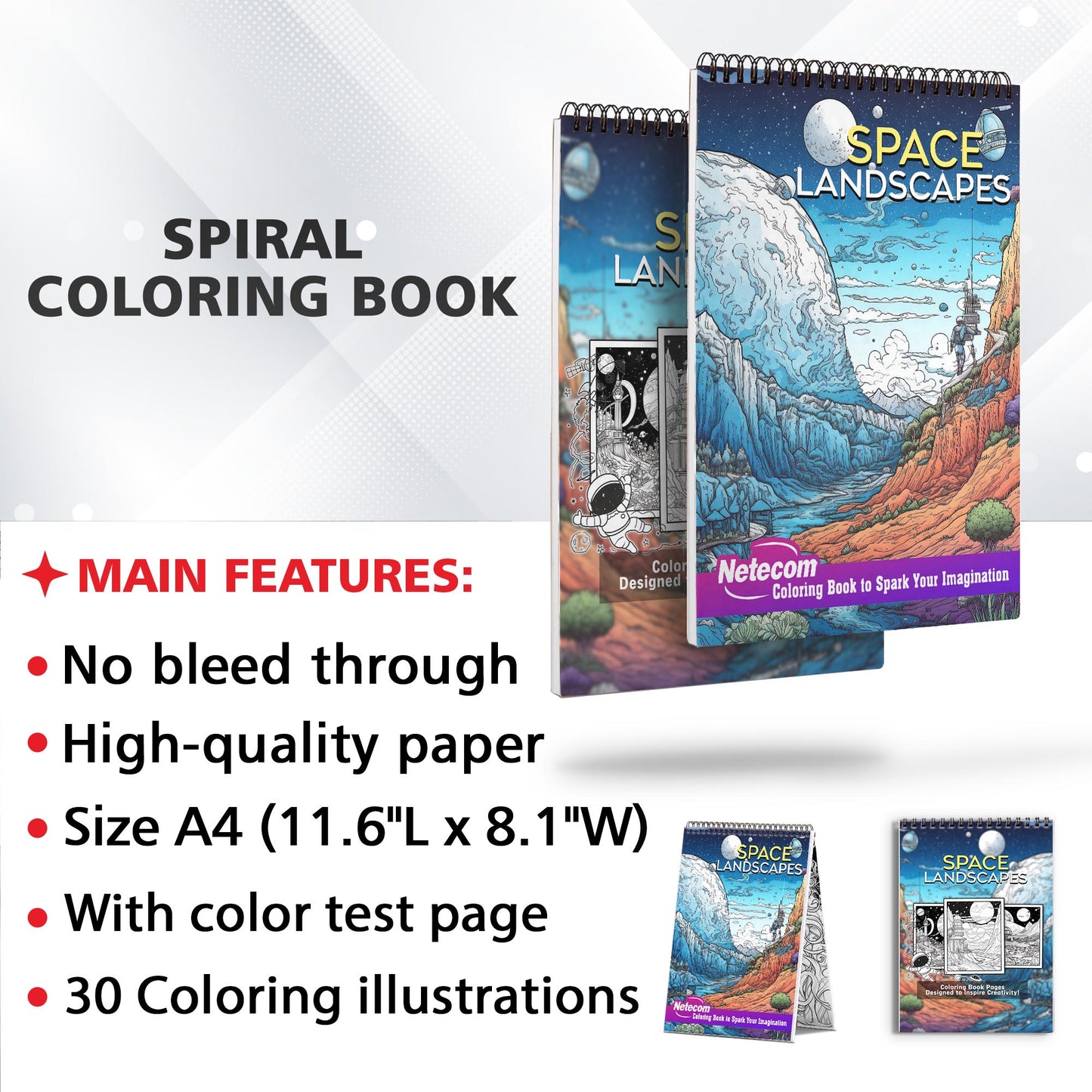 Space Landscapes Spiral Bound Coloring Book, A beautiful coloring book for adults, teens and children providing fun, stress relief and relaxation featuring amazing high contrast drawings of landscapes in space