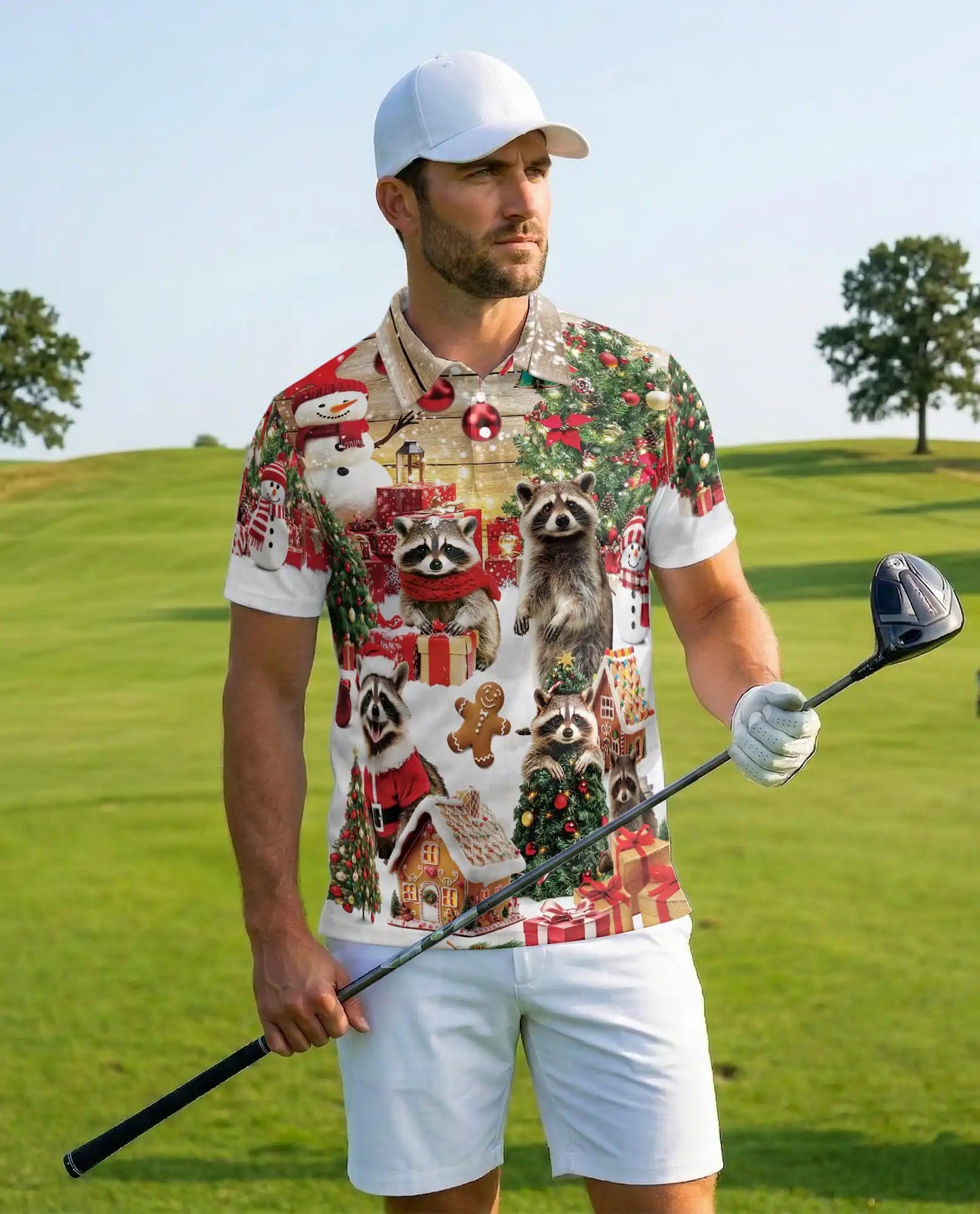 Christmas Raccoon 3D Polo Shirt for Men – Funny Holiday Animal Style | Netecom