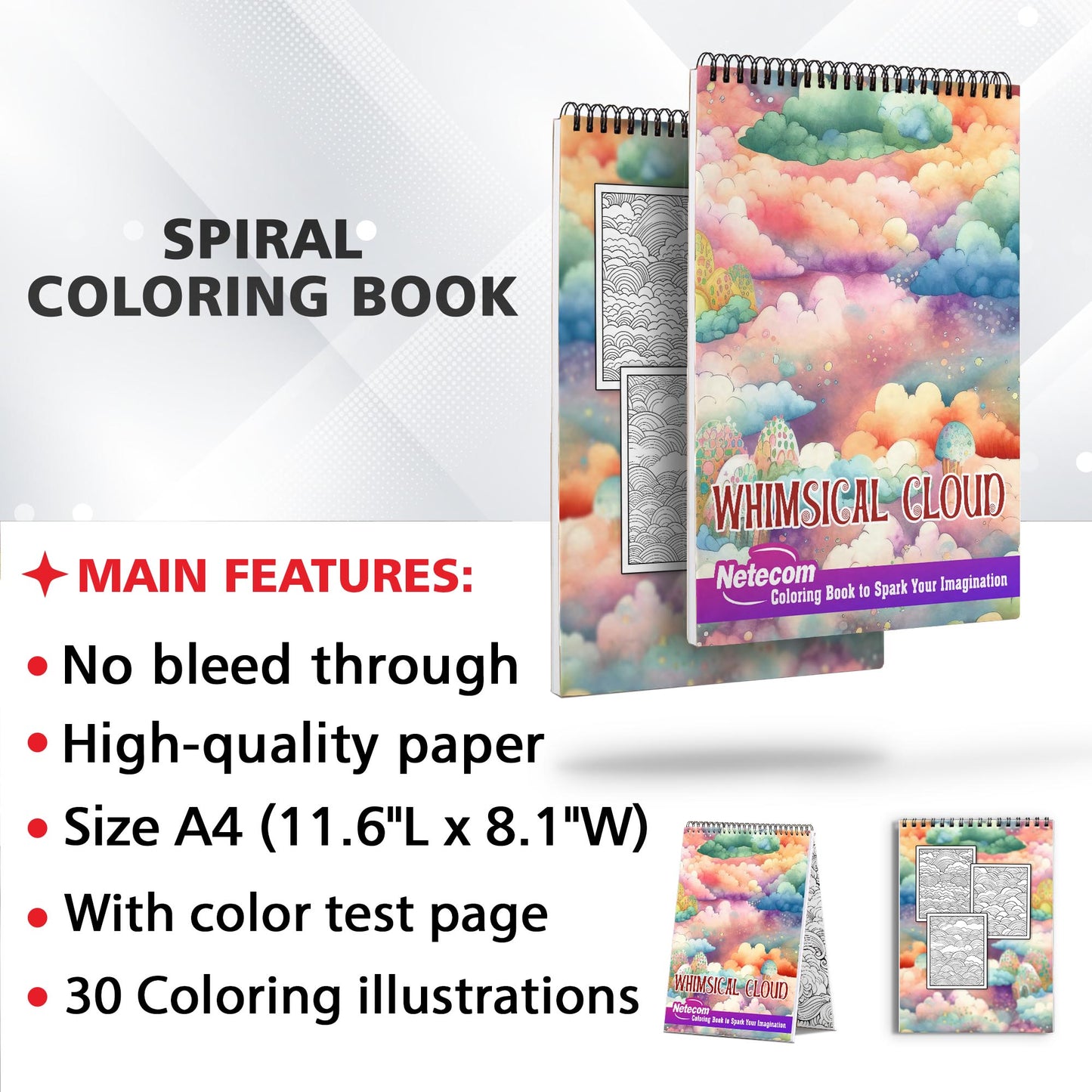 Whimsical Cloud Spiral Bound Coloring Book, Experience 30 Coloring Pages Filled with Tranquil Cloud Patterns and Fluffy Forms