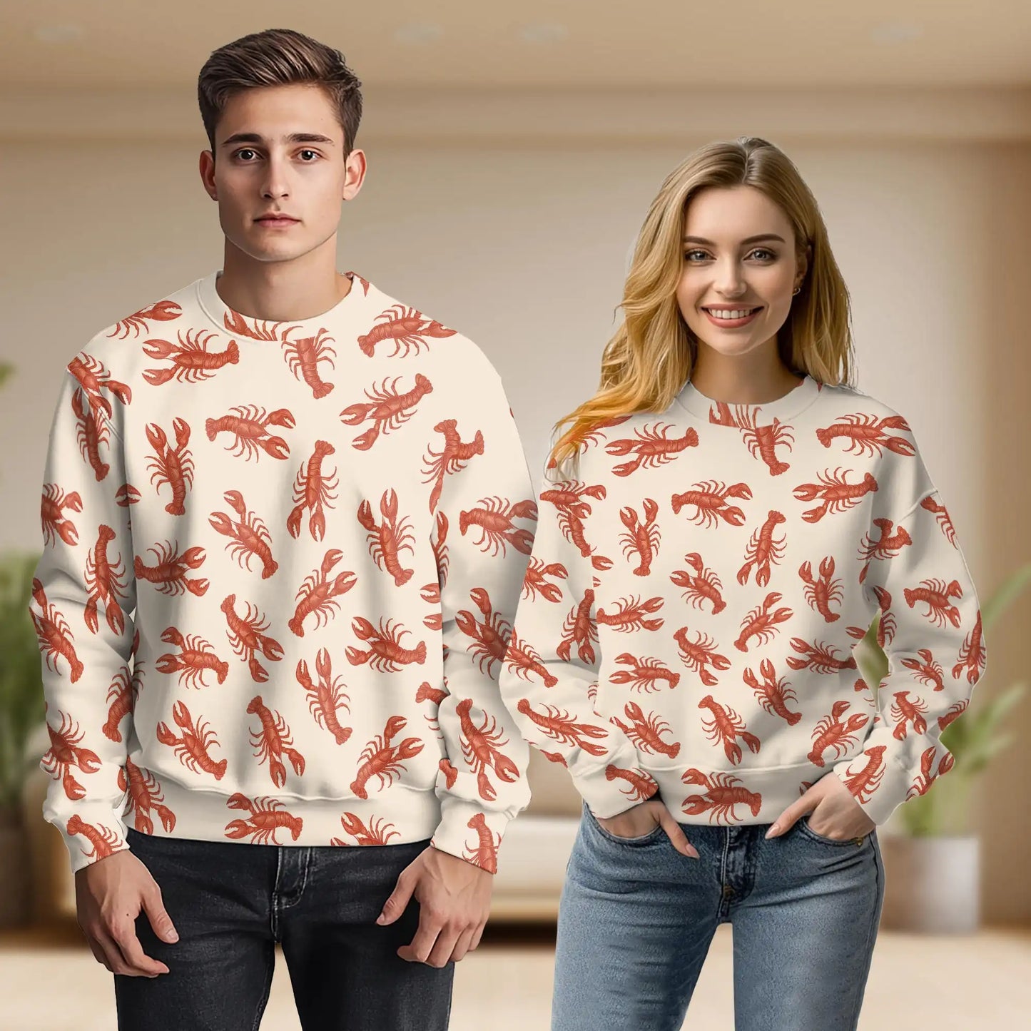 Lobster Pattern Sweatshirt, 3D All Over Print Coastal Seafood Crewneck Pullover for Men Women, Lobster Lover Gift - Netecom