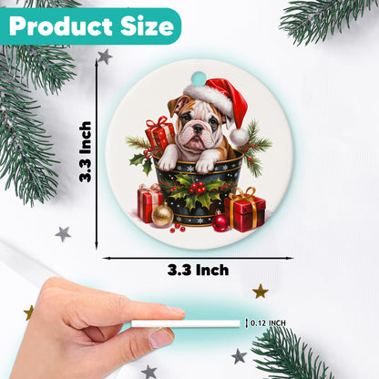 Netecom Cute Bulldog in Bucket Ornament, Dog with Santa Hat Ceramic Ornament for Christmas Tree Hanging Decorations Gift, Puppy Lover Gifts, Home Decor, Holiday Party Present