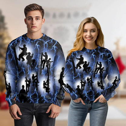 Electric Lineman Sweatshirt, 3D All Over Print Lightning Power Crewneck Pullover for Men Women, Lineman Gift - Netecom