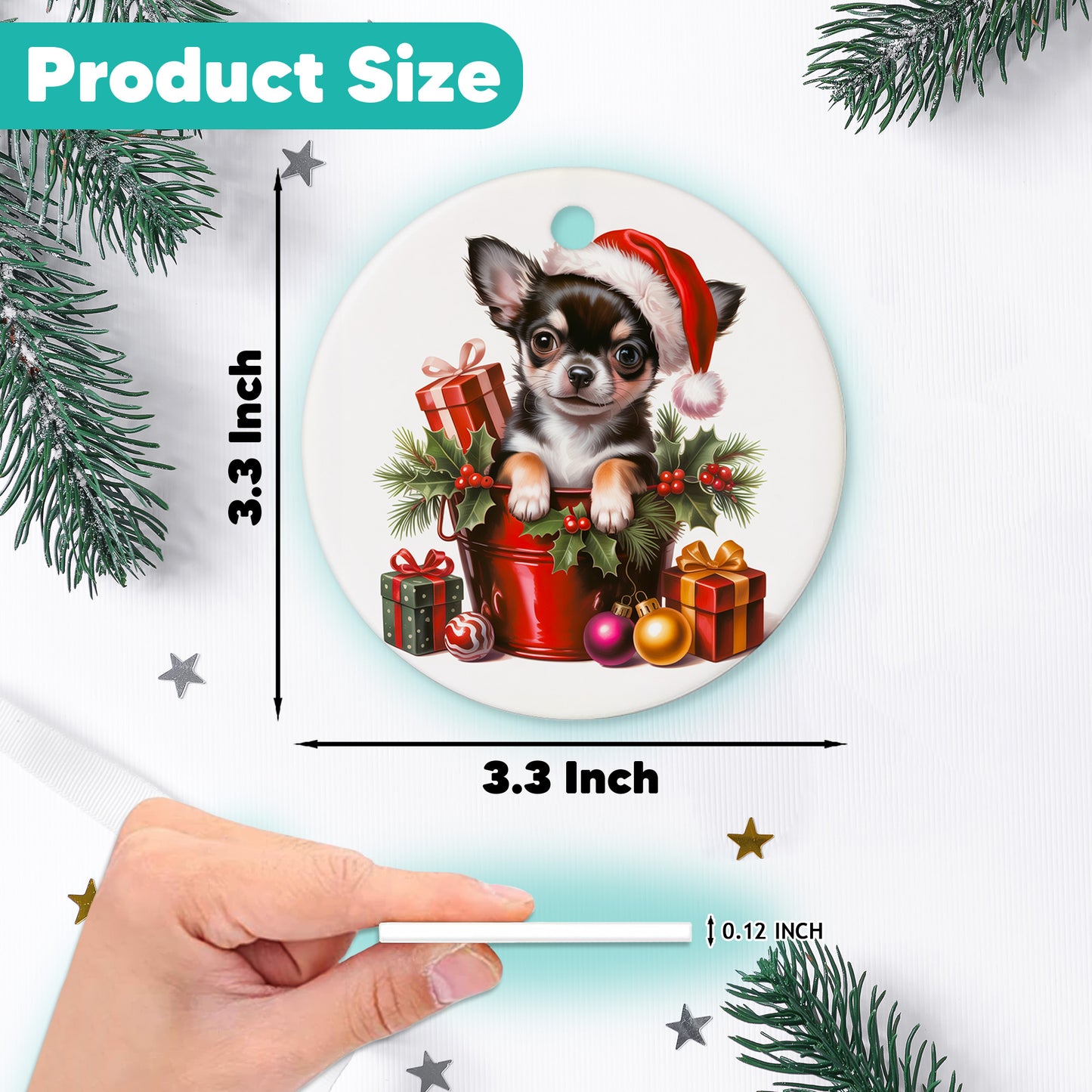Netecom Adorable Chihuahua in Bucket Ornament, Dog with Santa Hat Ceramic Ornament for Christmas Tree Hanging Decorations Gift, Dog Lover Gifts, Home Decor, Holiday Party Present