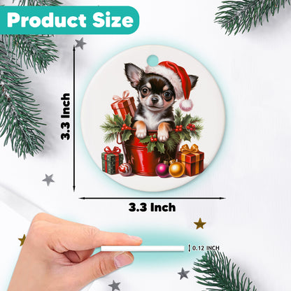 Netecom Adorable Chihuahua in Bucket Ornament, Dog with Santa Hat Ceramic Ornament for Christmas Tree Hanging Decorations Gift, Dog Lover Gifts, Home Decor, Holiday Party Present