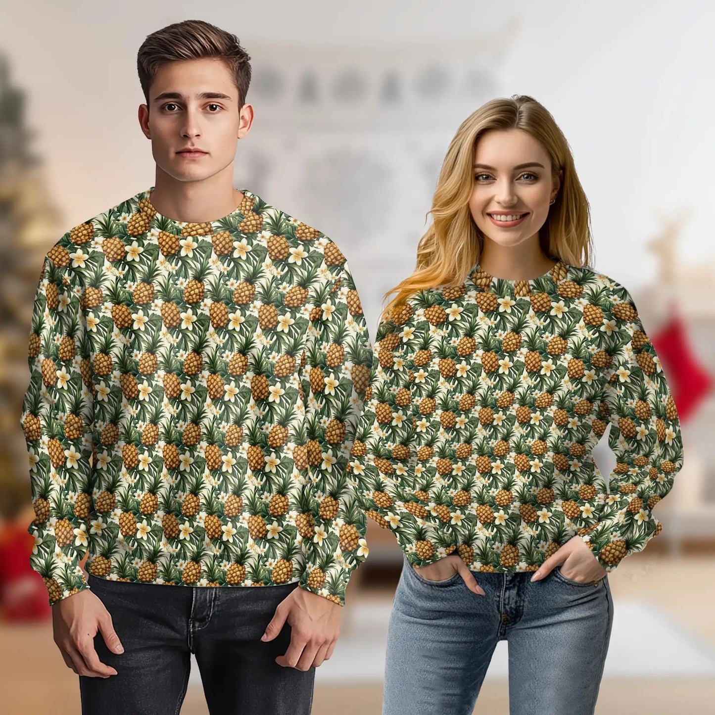 Golden Pineapple Sweatshirt, 3D All Over Print Tropical Fruit Crewneck Pullover for Men Women, Pineapple Lover Gift - Netecom