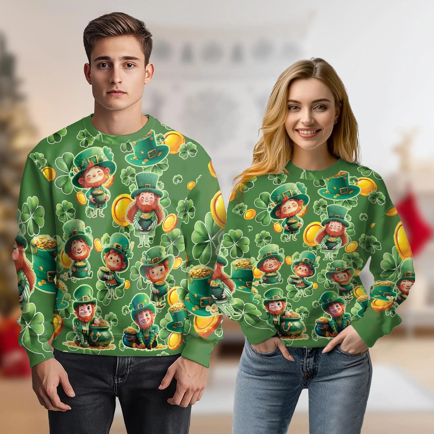 Cute Cartoon Irish Leprechaun Sweatshirt, 3D All Over Print St. Patrick's Day Crewneck Pullover for Men Women, Irish Gift - Netecom