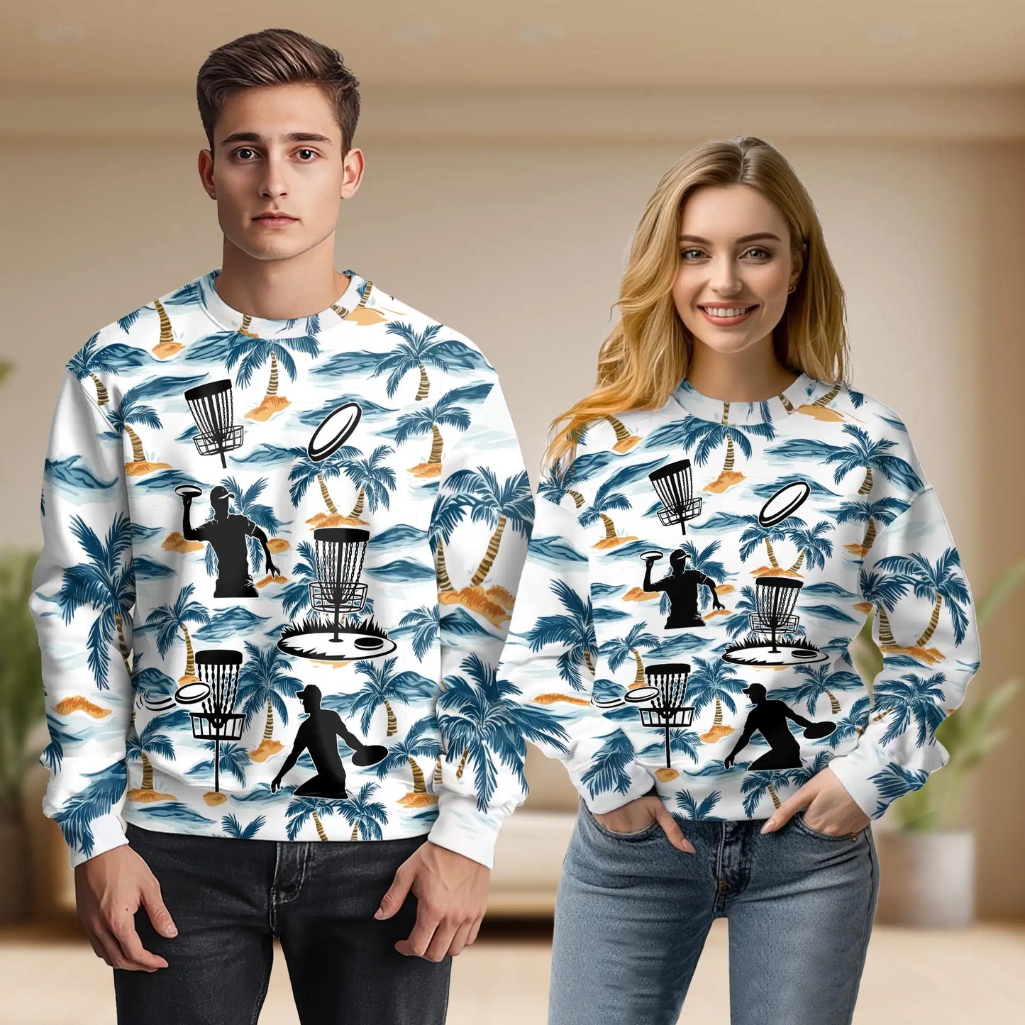 Tropical Disc Golf Sweatshirt, 3D All Over Print Palm Tree Disc Golf Crewneck Pullover for Men Women, Disc Golf Lover Gift - Netecom