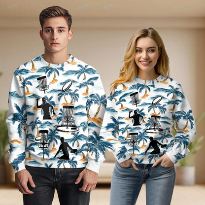Tropical Disc Golf Sweatshirt, 3D All Over Print Palm Tree Disc Golf Crewneck Pullover for Men Women, Disc Golf Lover Gift - Netecom