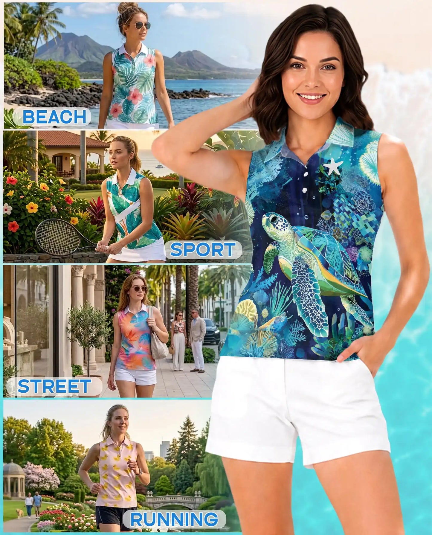 Coral Reef Turtle Pattern Sleeveless Polo Shirt for Women | Netecom