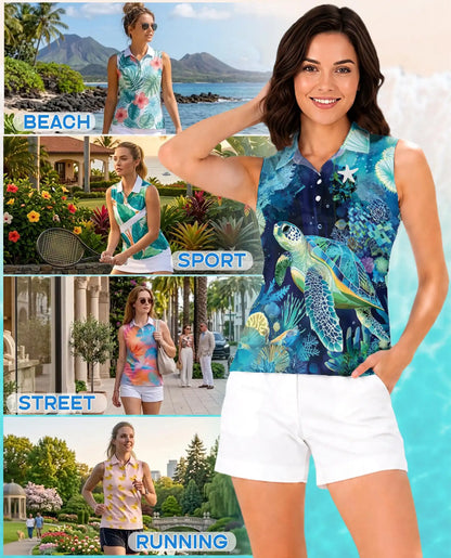 Coral Reef Turtle Pattern Sleeveless Polo Shirt for Women | Netecom