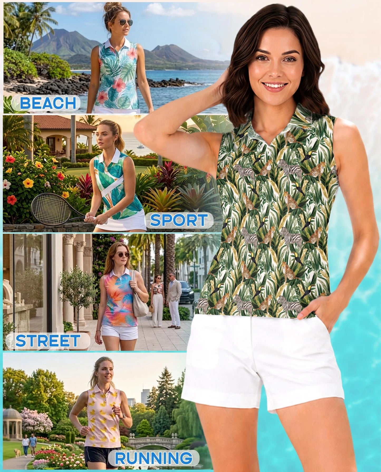 Tropical Summer Wild Animals Plants Sleeveless Polo Shirt for Women | Netecom