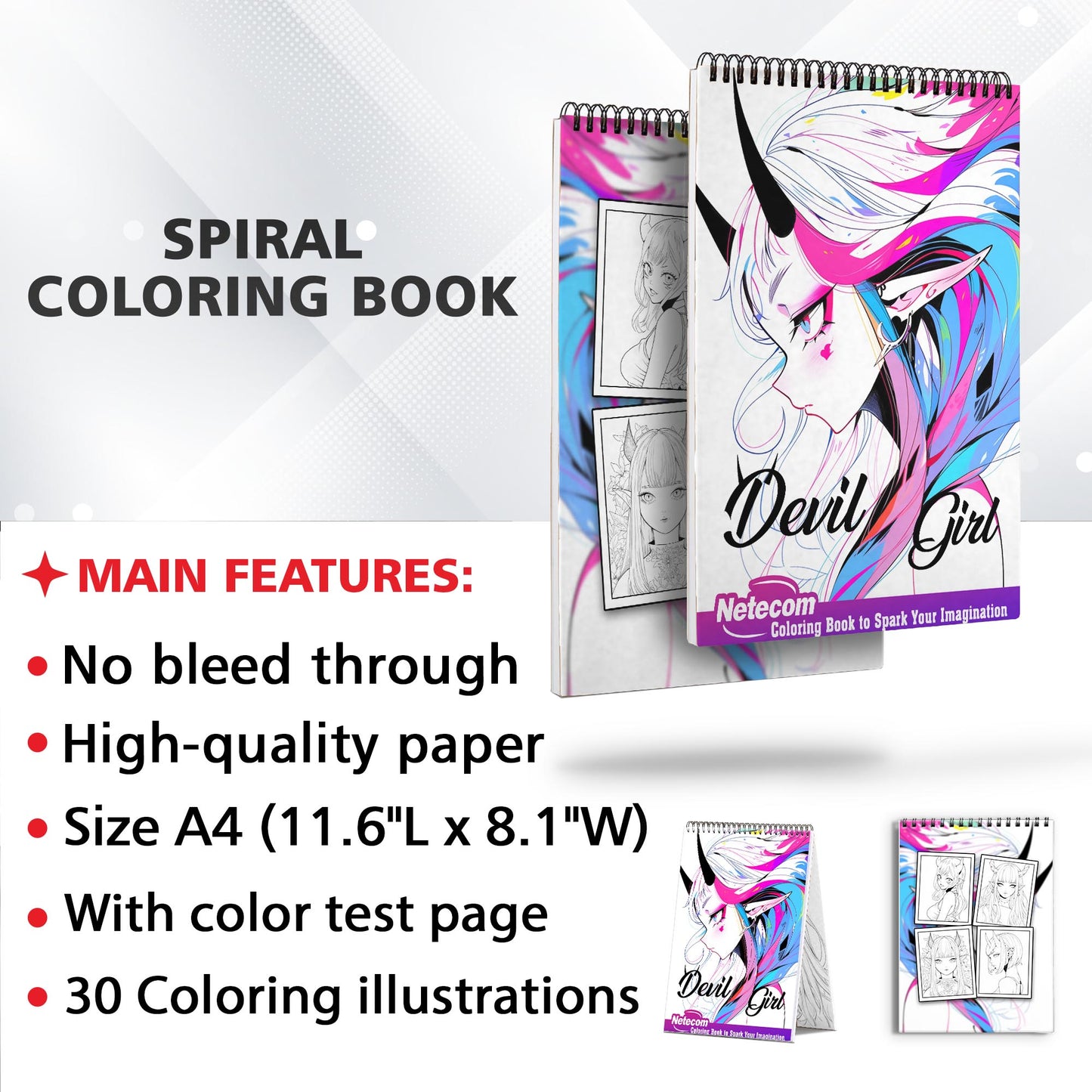 Devil Girl Spiral Bound Coloring Book, Dive into a World of Anime with 30 Mesmerizing Coloring Pages, featuring Devilish and Alluring Girls