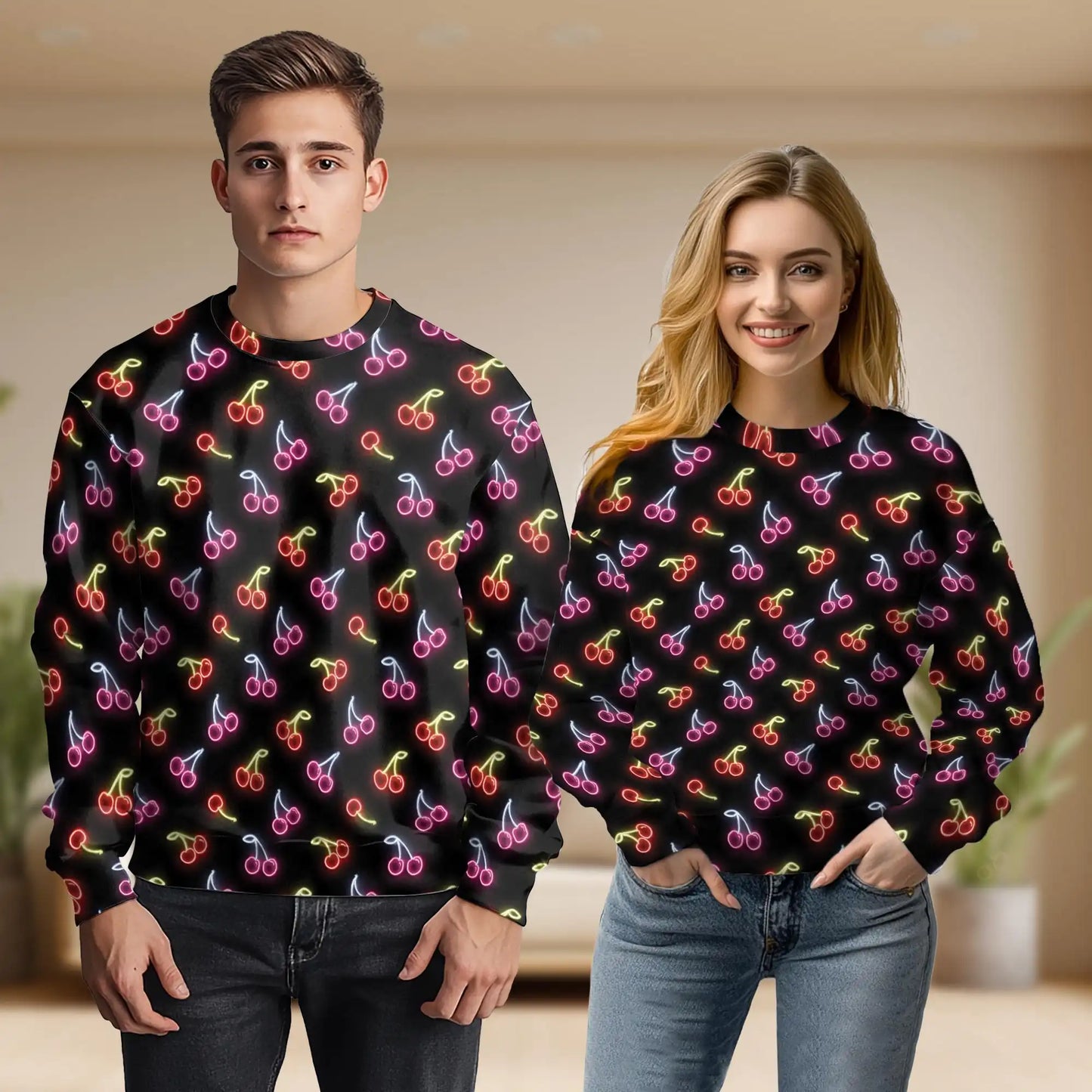 Neon Cherry Sweatshirt, 3D All Over Print Colorful Fruit Crewneck Pullover for Men Women, Cherry Lover Gift - Netecom