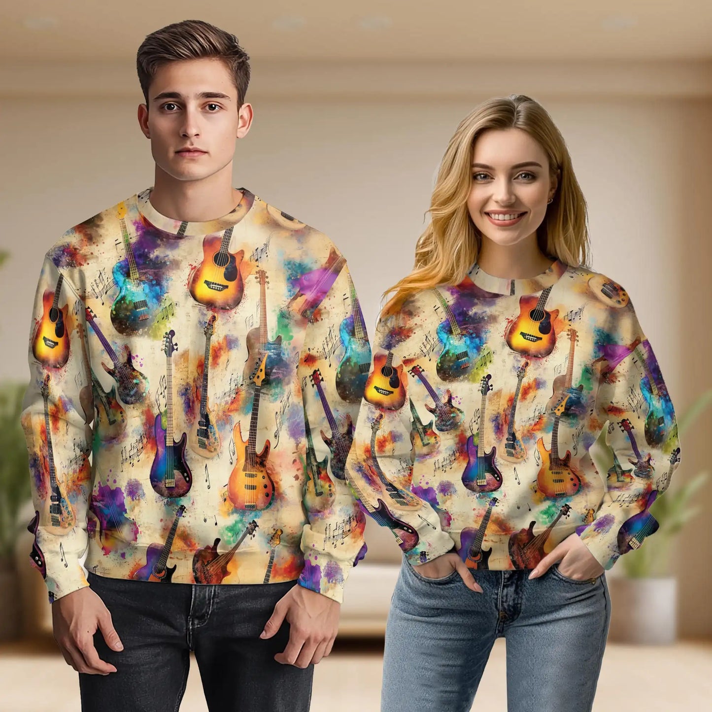 Vintage Bass Guitar Sweatshirt, 3D All Over Print Retro Music Crewneck Pullover for Men Women, Bass Player Gift - Netecom