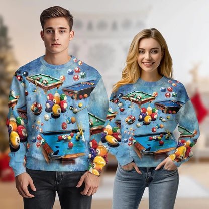 Billiards Pool Sweatshirt, 3D All Over Print Blue Pool Table Crewneck Pullover for Men Women, Billiards Player Gift - Netecom