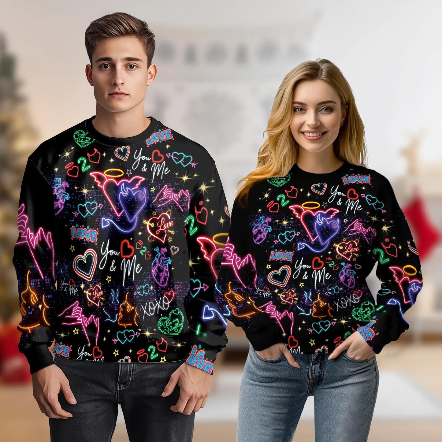 Neon Love Doodle Pattern Sweatshirt, 3D All Over Print Colorful Heart Crewneck Pullover for Men Women, Love Lover Gift - Netecom