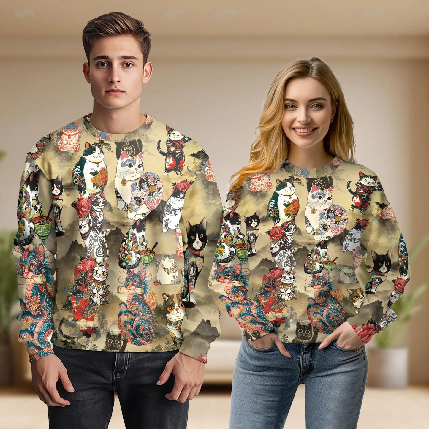 Japanese Cat Tattoo Sweatshirt, 3D All Over Print Traditional Tattoo Art Crewneck Pullover for Men Women, Cat Lover Gift - Netecom