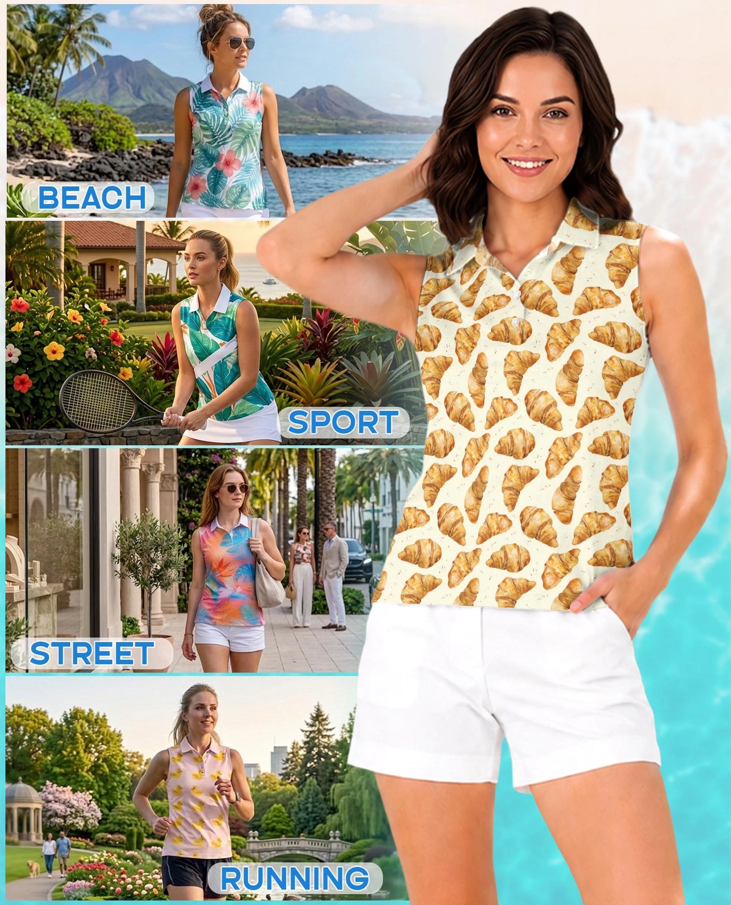 Croissant Pattern Sleeveless Polo Shirt for Women – Cute Bakery Food Style | Netecom