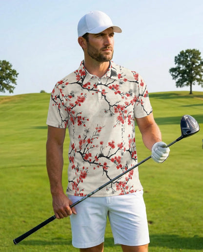 Red Cherry Blossom Branches Polo Shirt for Men – Japanese Sakura Style | Netecom