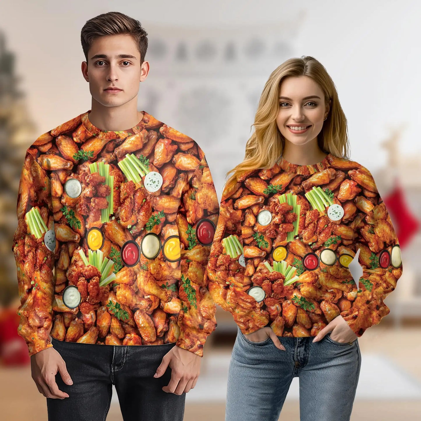 Chicken Wing Sweatshirt, 3D All Over Print Fried Chicken Food Crewneck Pullover for Men Women, Chicken Wing Lover Gift - Netecom