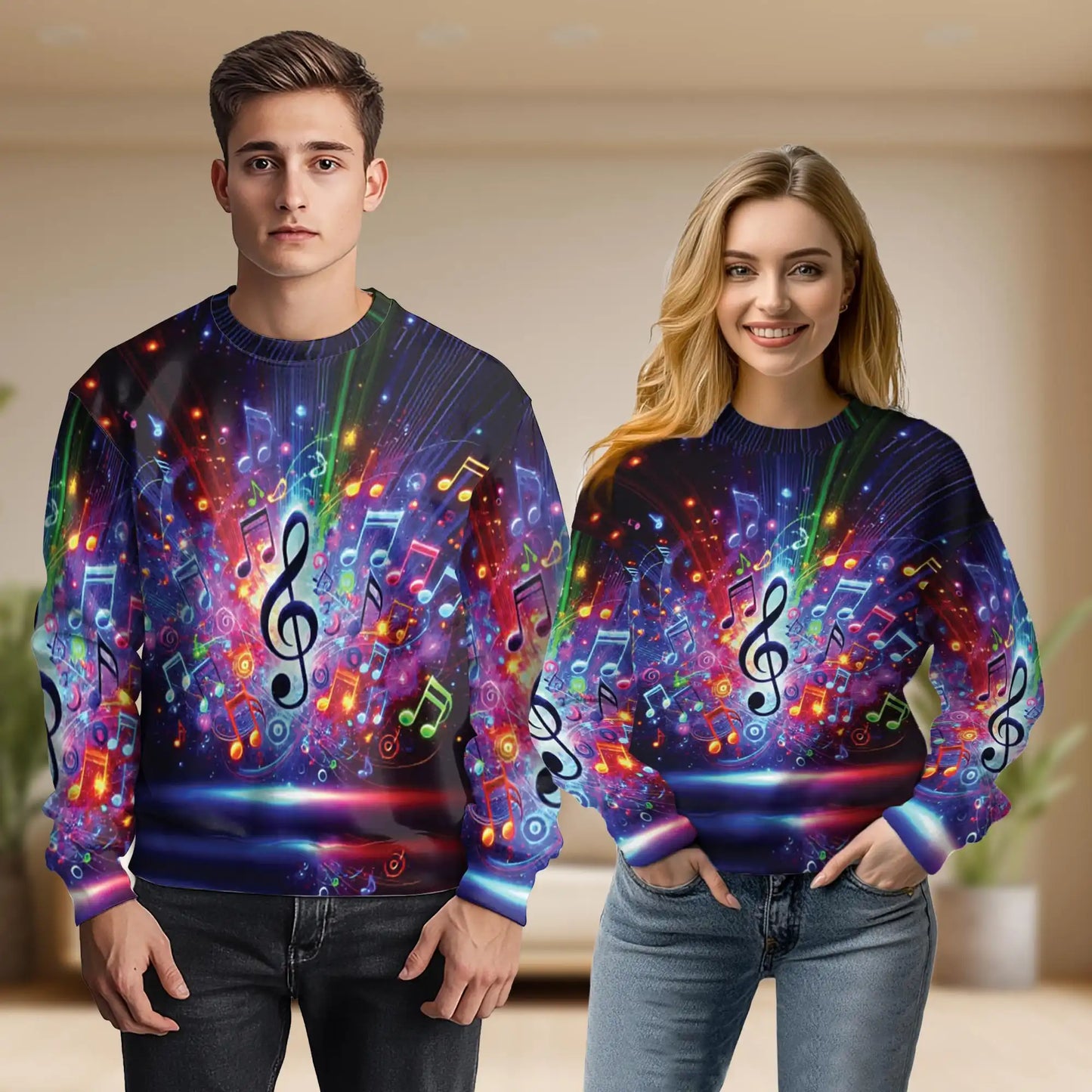 Colorful Music Notes Sweatshirt, 3D All Over Print Musical Notes Crewneck Pullover for Men Women, Music Lover Gift - Netecom