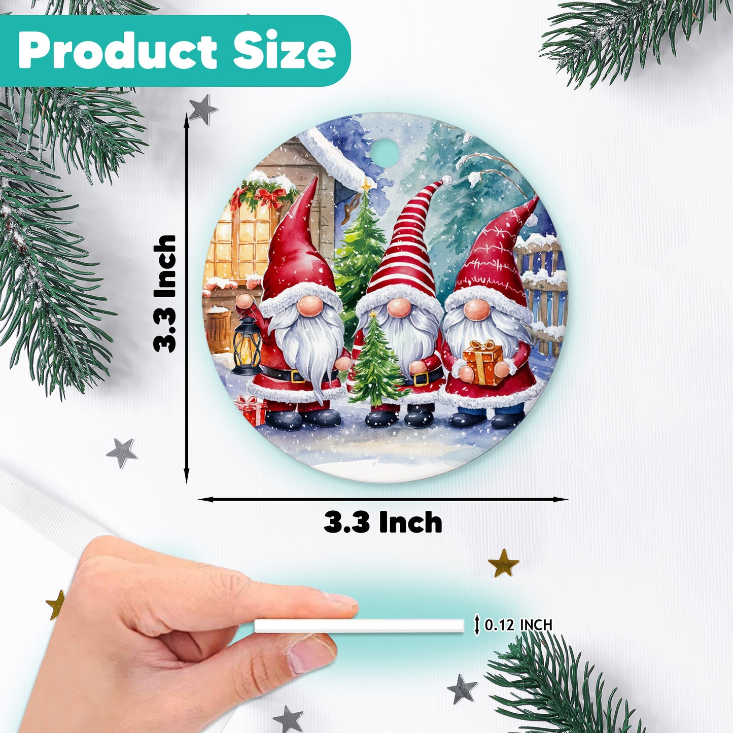 Netecom Funny Christmas Gnomes Ornament, Three Santa Gnomes in Snowy Winter Scene Ceramic Ornament for Christmas Tree Hanging Decorations Gift, Gnome Lover Gifts, Holiday Party Present