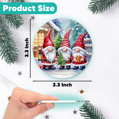 Netecom Funny Christmas Gnomes Ornament, Three Santa Gnomes in Snowy Winter Scene Ceramic Ornament for Christmas Tree Hanging Decorations Gift, Gnome Lover Gifts, Holiday Party Present