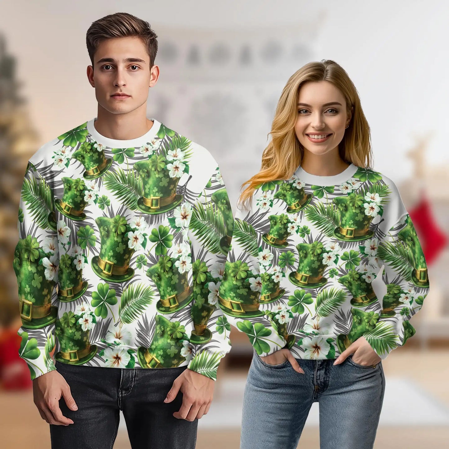 Green Hat Matching Friends Sweatshirt, 3D All Over Print Tropical Crewneck Pullover for Men Women, Friendship Gift - Netecom