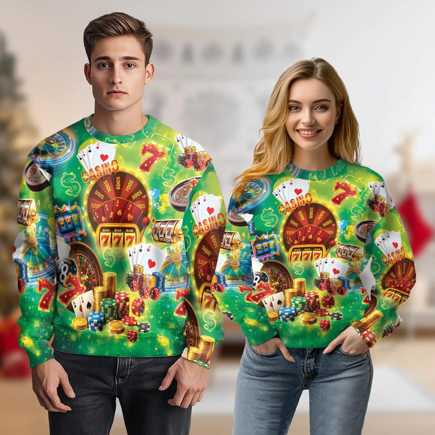 Casino Elements Pattern Sweatshirt, 3D All Over Print Poker Cards Dice Crewneck Pullover for Men Women, Casino Lover Gift - Netecom