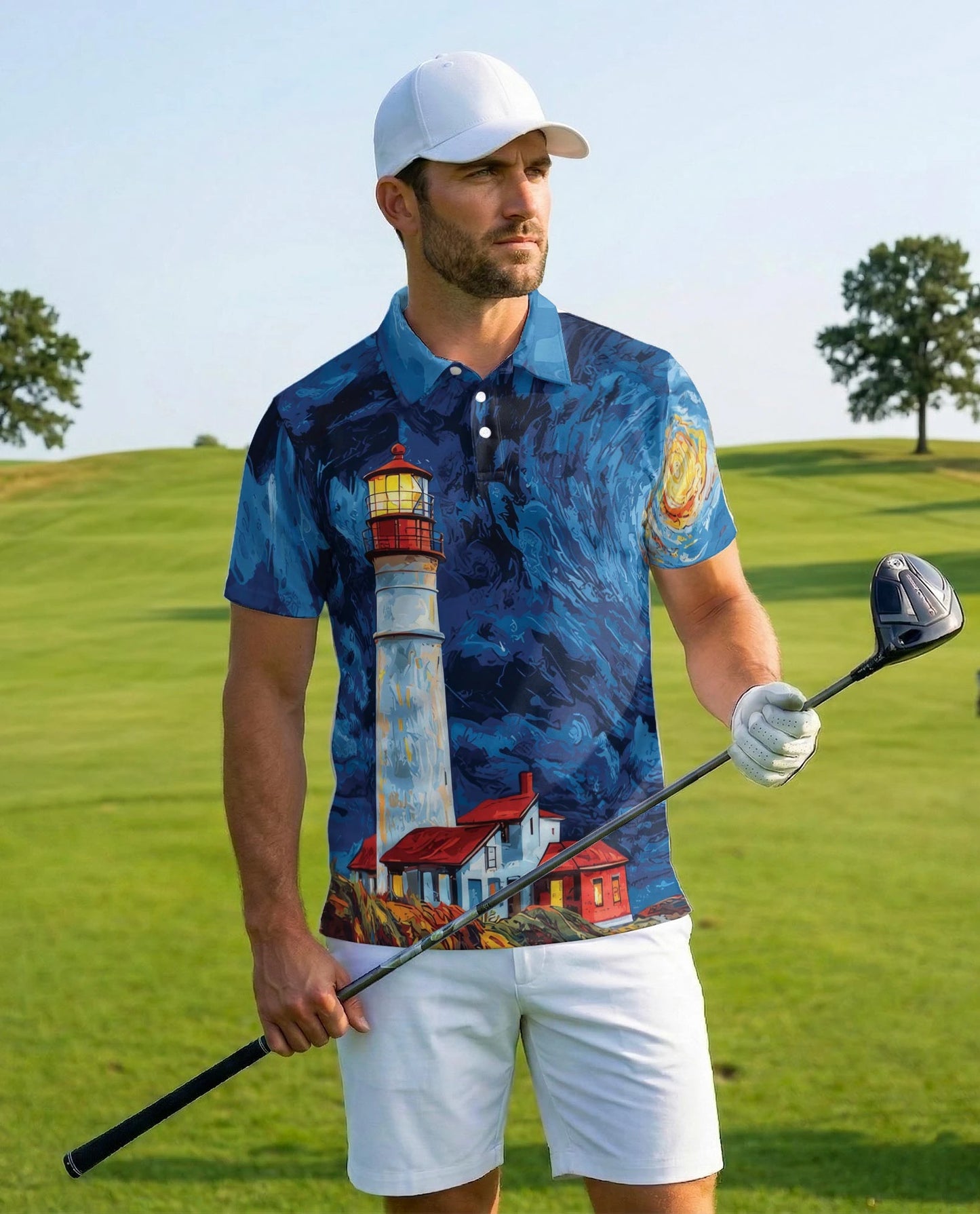 Lighthouse Starry Night Polo Shirt for Men – Coastal Art Style | Netecom