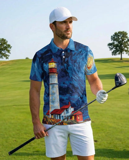 Lighthouse Starry Night Polo Shirt for Men – Coastal Art Style | Netecom
