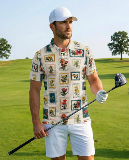 Floral Stamp Polo Shirt for Men – Vintage Botanical Style | Netecom