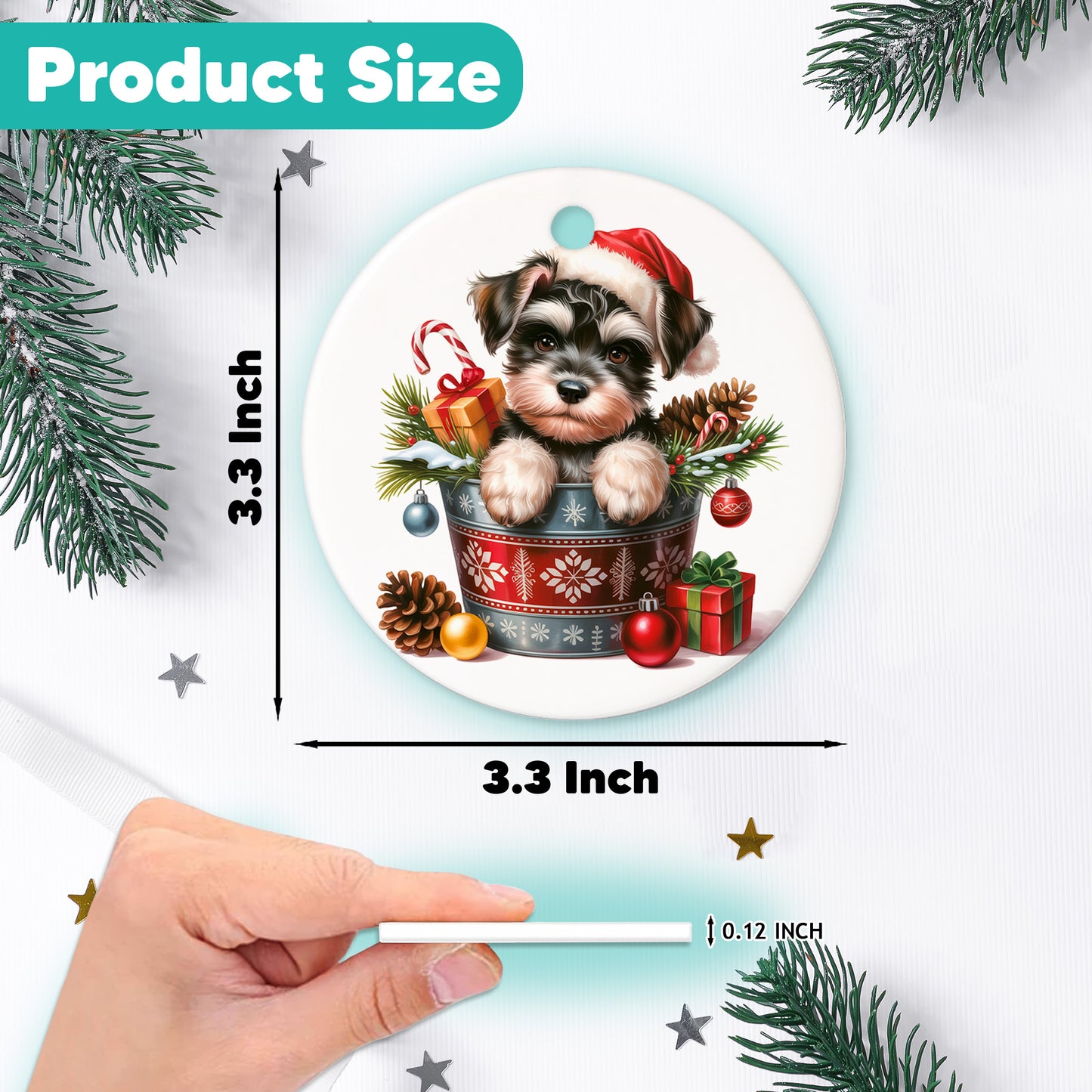 Netecom Funny Schnauzer in Bucket Ornament, Dog with Santa Hat Ceramic Ornament for Christmas Tree Hanging Decorations Gift, Puppy Lover Gifts, Home Decor, Holiday Party Present