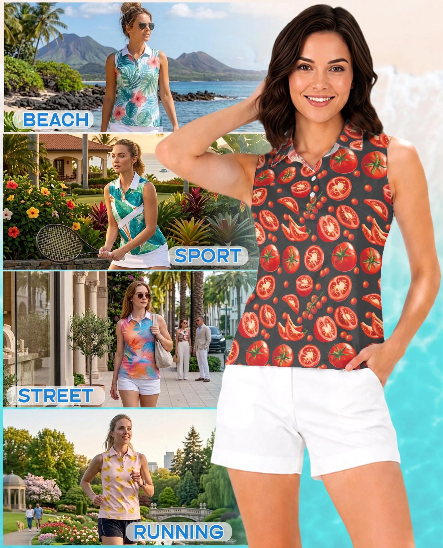 Tomato Print Sleeveless Polo Shirt for Women | Netecom