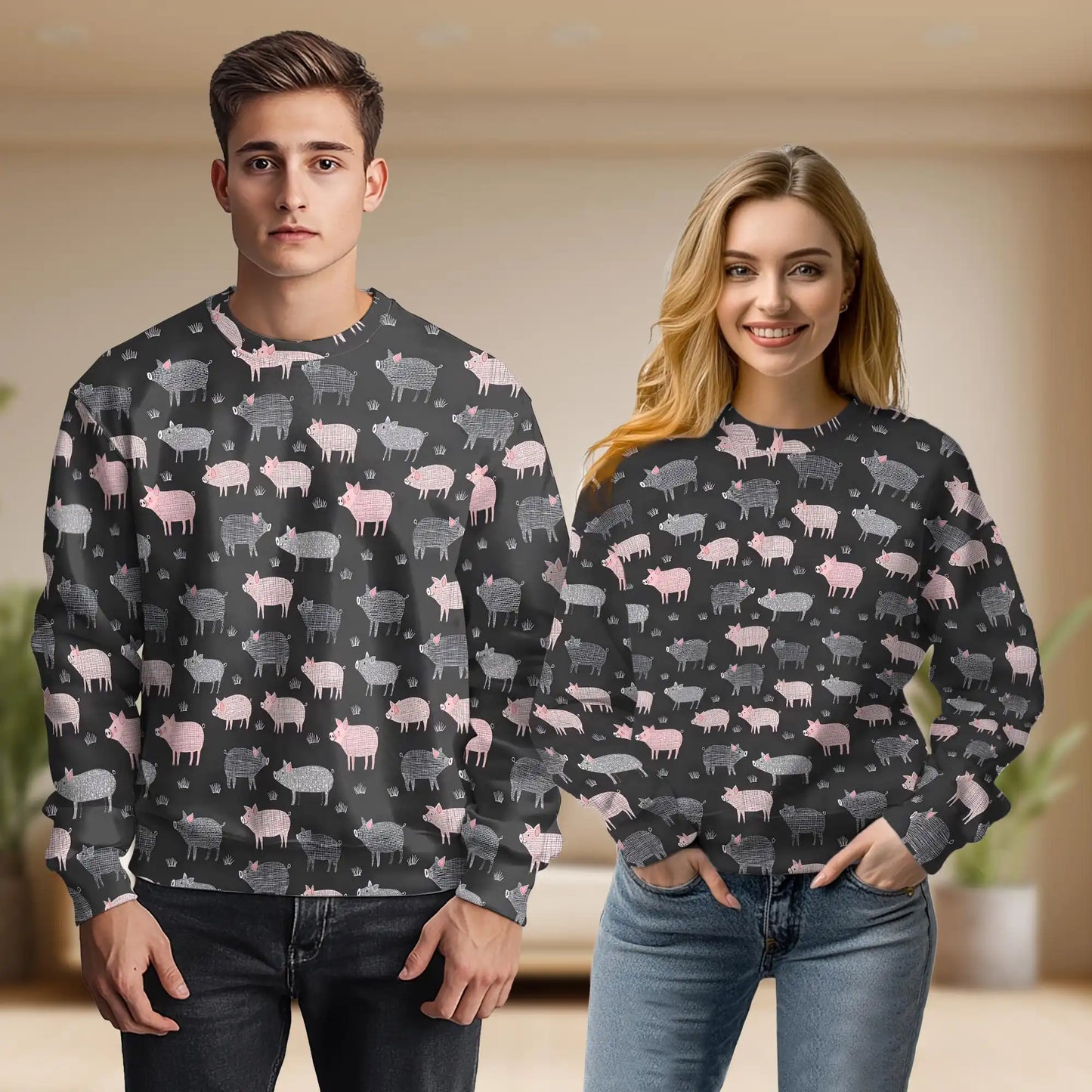 Pig Black Sweatshirt, 3D All Over Print Cute Farm Animal Crewneck Pullover for Men Women, Pig Lover Gift - Netecom