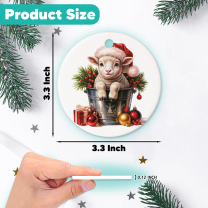 Netecom Baby Sheep in Bucket Ornament, Farm Animal with Santa Hat Ceramic Ornament for Christmas Tree Hanging Decorations Gift, Sheep Lover Gifts, Home Decor, Holiday Party Present