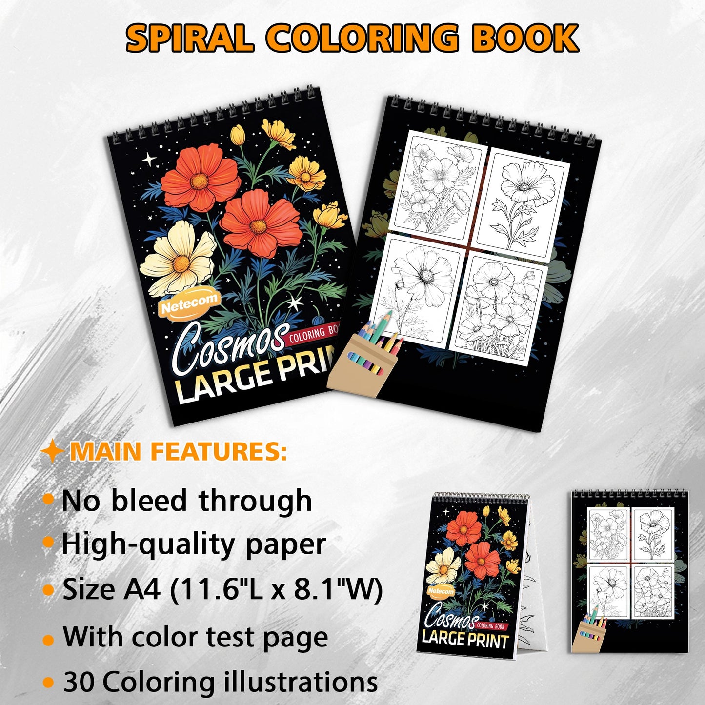 Large Print Cosmos Spiral Bound Coloring Book, Stunning Cosmos Flowers in Large Print, Perfect for a Simple and Soothing Botanical Coloring Session