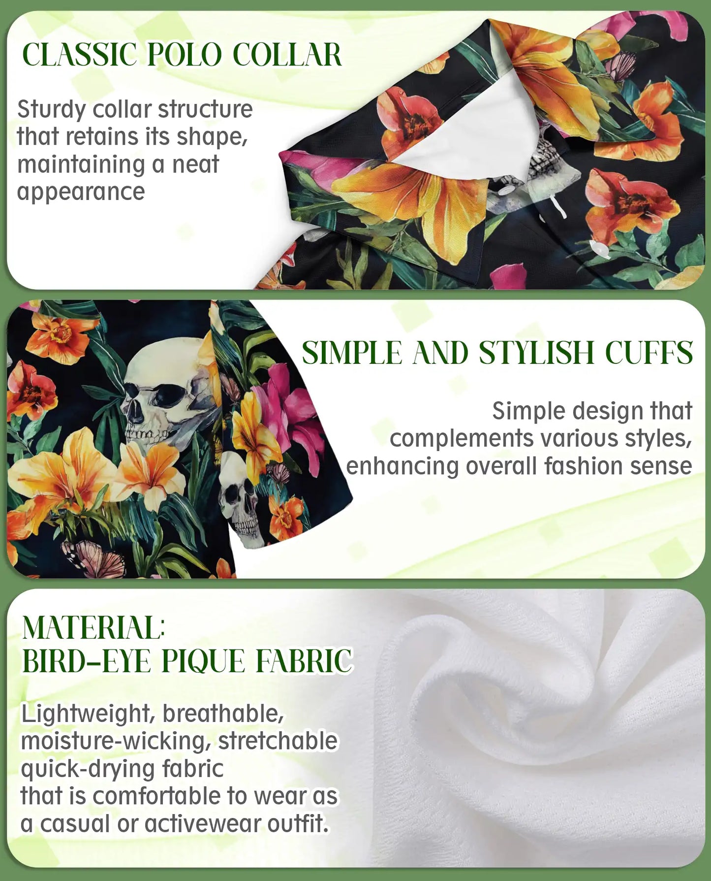 Tropical Skull Floral Polo Shirt -Gothic Botanical Print | Netecom
