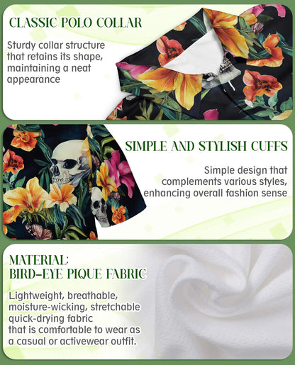 Tropical Skull Floral Polo Shirt -Gothic Botanical Print | Netecom