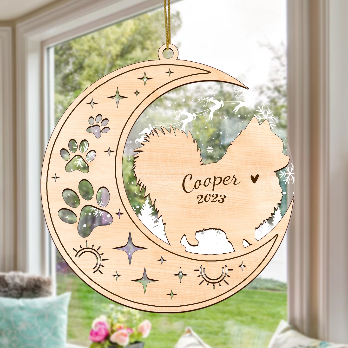Netecom Pomeranian Dog Memorial Suncatcher, Personalized Pom Dog Christmas Ornament with Date Name, Bereavement Gifts for Loss of Pet, Dog Death Sympathy Gifts Pet Loss Sun Catchers, Dog Grief Gift